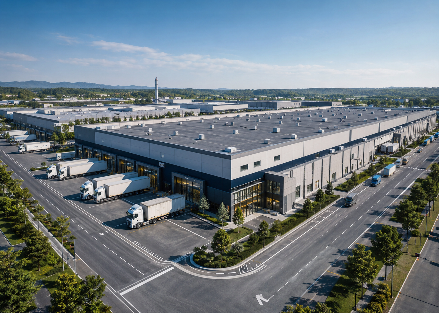 A concept-ready regional distribution campus under the warehouse and logistics facility asset type, organized to communicate operational efficiency, technical credibility, corporate image and expansion potential. ArchVant can visualize the project from early vision through investor, approval, launch and stakeholder presentation stages.