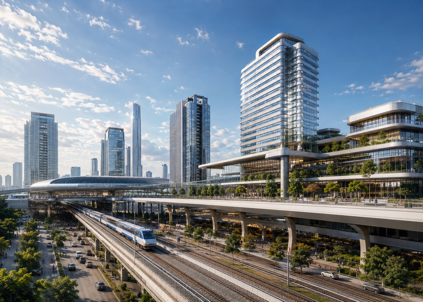 A concept-ready intermodal urban center under the transit-oriented development asset type, structured to communicate land use, connectivity, development character, phasing and long-term investment vision. ArchVant can visualize the project from early vision through investor, approval, launch and stakeholder presentation stages.